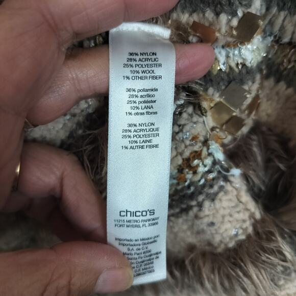 4535)Chico's Greta Mirror Fringe Neutral Combo Open Front Cardigan Sz 0/Small - Picture 8 of 8